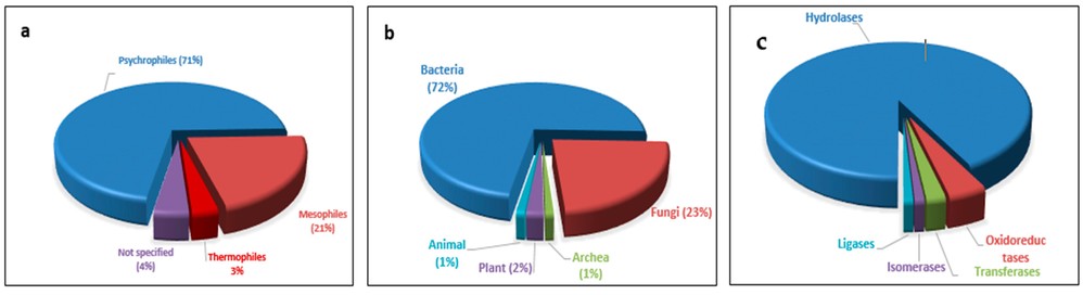 生物種、種別、報告された低温活性酵素に基づく異なる低温活性酵素の割合の円グラフ。