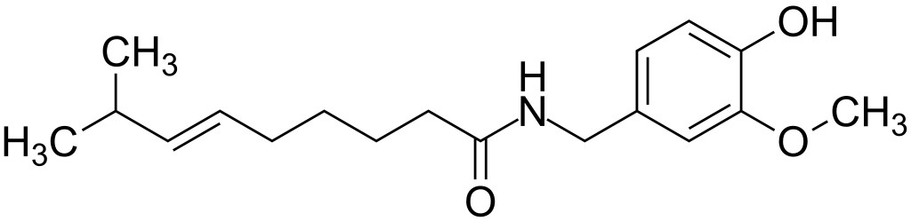 Chemical structure showing the molecular composition of capsaicin, the compound responsible for chili pepper spiciness.