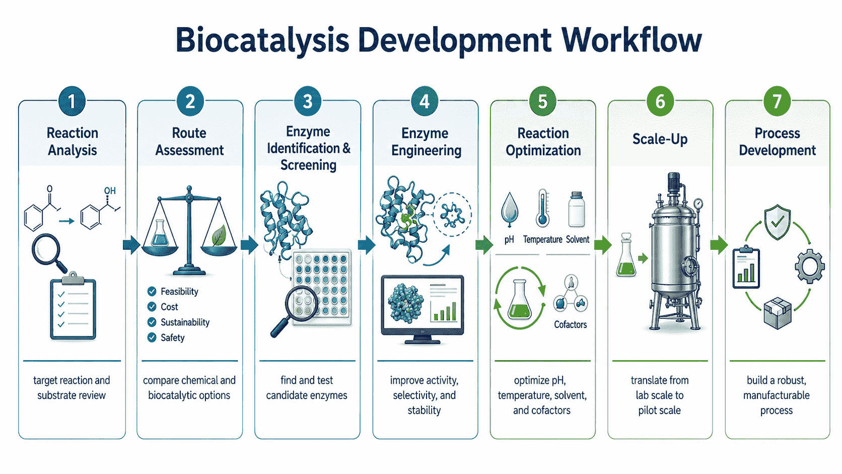 Biocatalysis development workflow from reaction analysis to process development