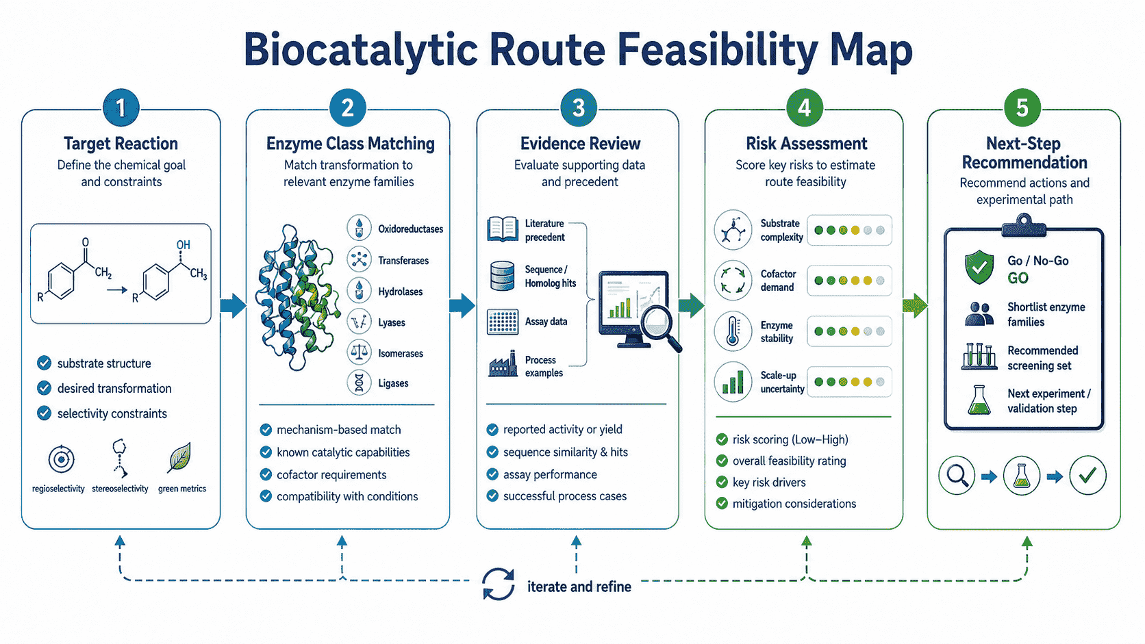 Biocatalytic route feasibility map connecting target reaction, enzyme class matching, evidence review, risk assessment, and next-step recommendation