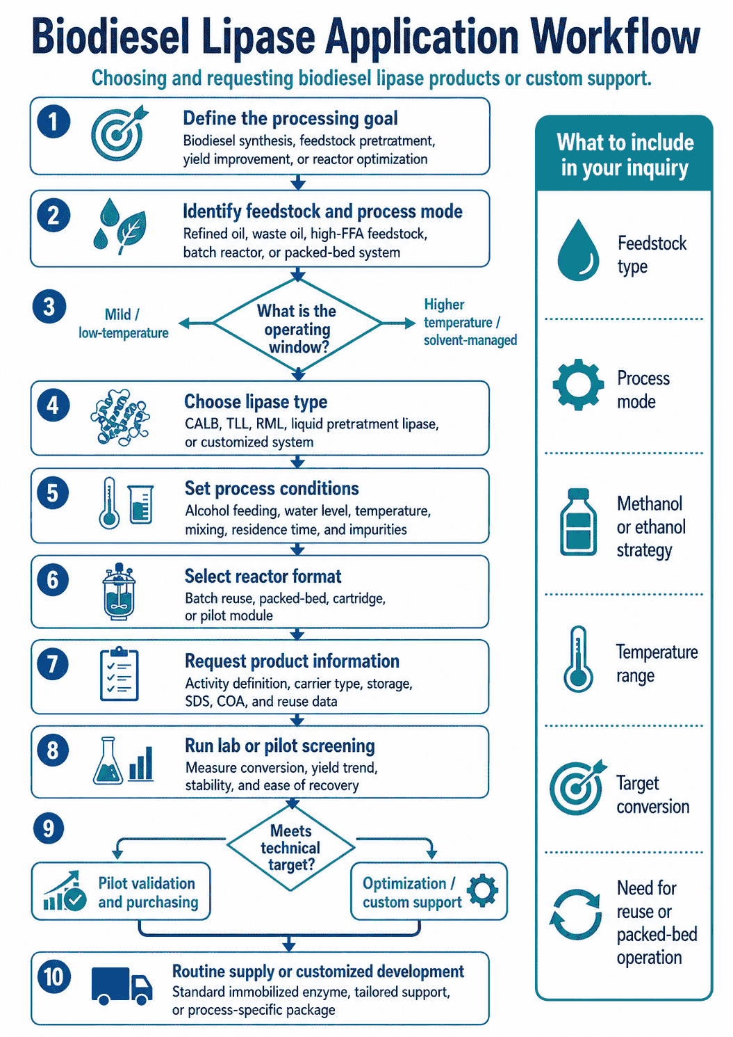 Application workflow for choosing and requesting Biodiesel Lipase products or custom support