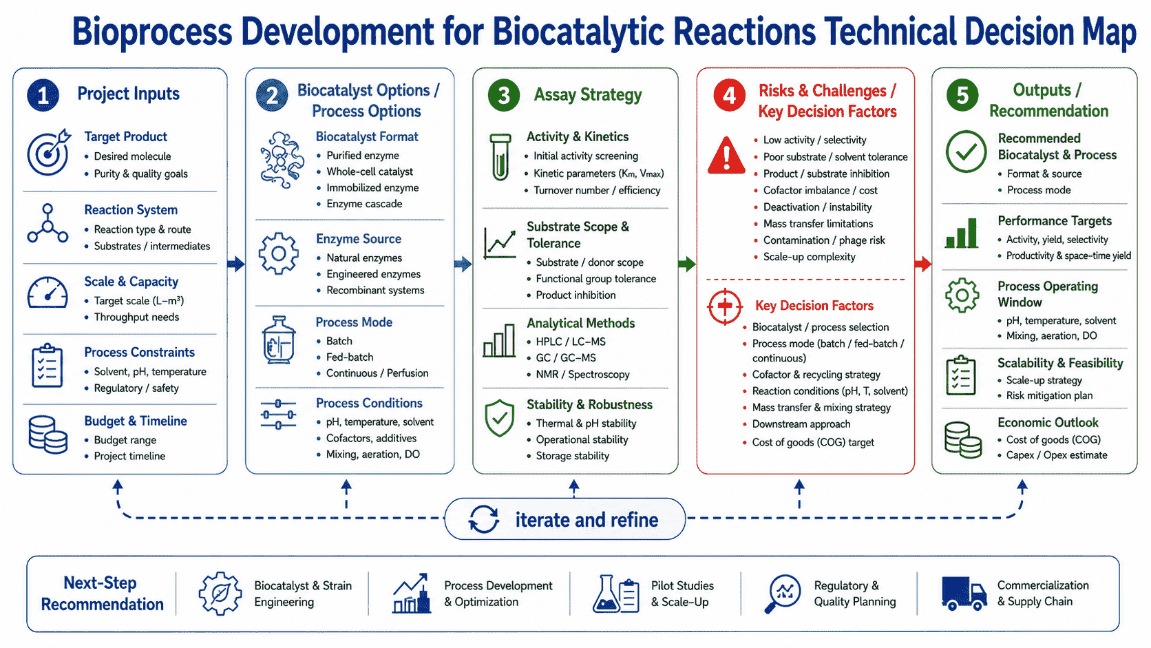 Decision map for bioprocess development of biocatalytic reactions showing metrics, catalyst format, substrate loading, mass transfer, cofactor economics, downstream recovery, and scale-up validation