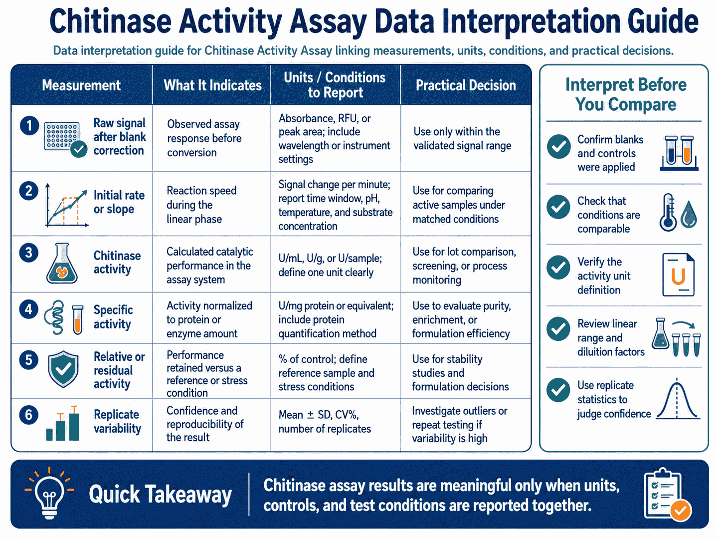 Data interpretation guide for Chitinase Activity Assay linking measurements, units, conditions, and practical decisions