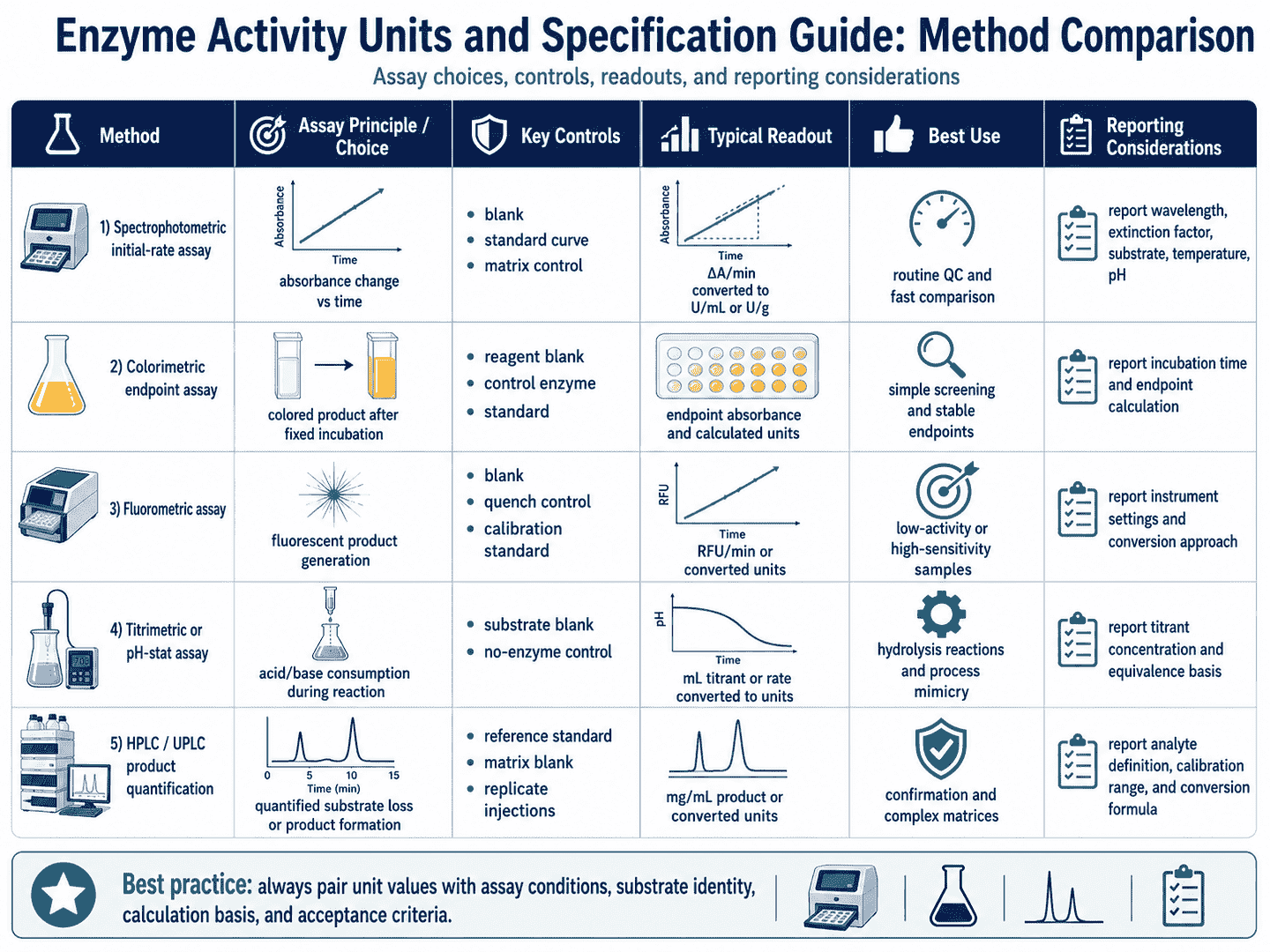 Enzyme activity method comparison chart showing substrate, assay condition, readout, controls, and reporting basis