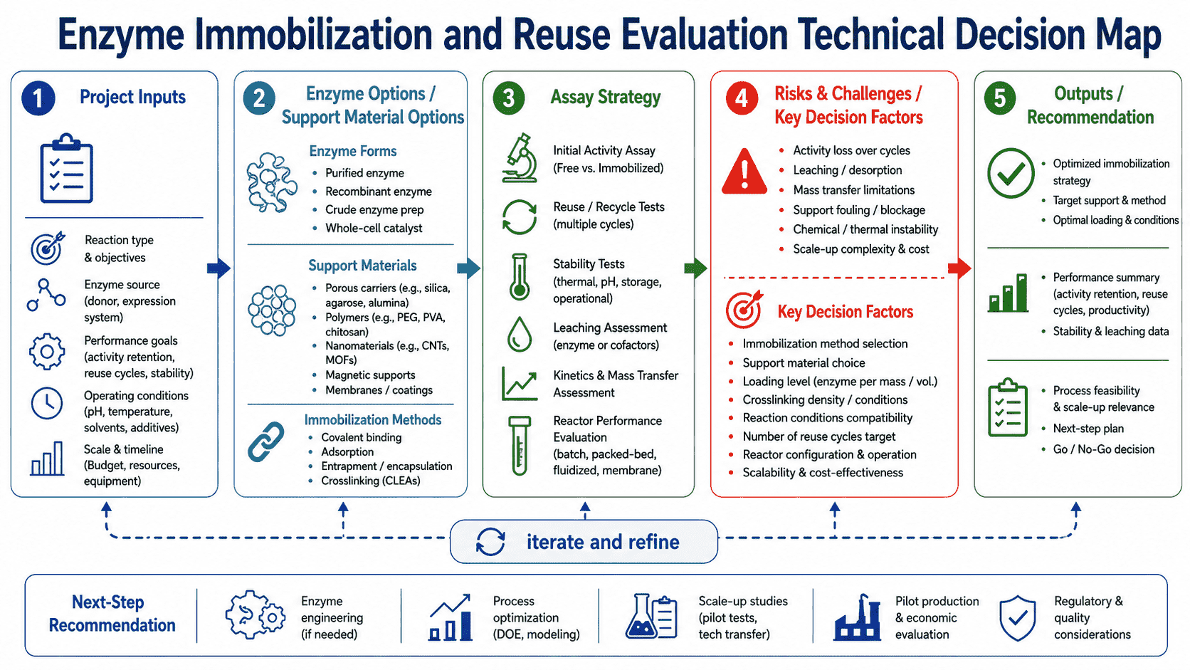 Decision map for enzyme immobilization and reuse evaluation showing method selection, carrier properties, activity retention, leaching, reuse cycles, flow compatibility, and scale decision