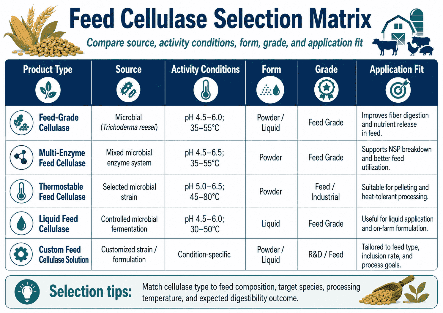 Selection matrix for Feed Cellulase comparing source, activity conditions, form, grade, and application fit