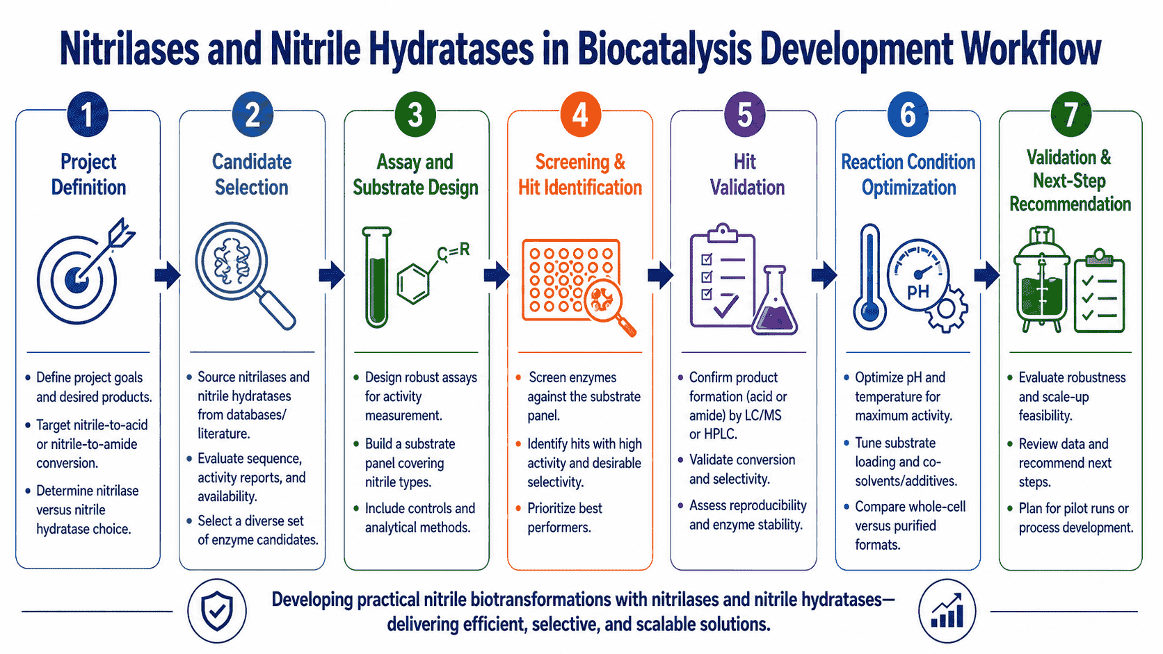 Workflow for nitrilases and nitrile hydratases in biocatalysis from product endpoint selection and enzyme class screening to hydrolysis control, analytics, optimization, and scale risk review