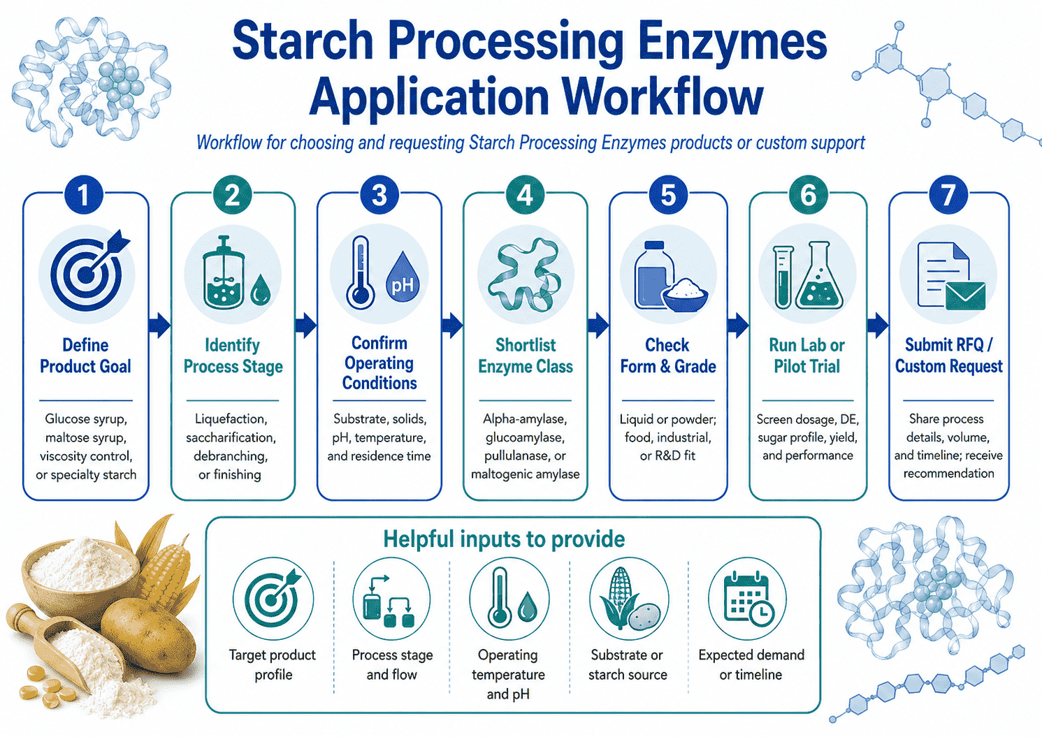 Application workflow for choosing and requesting Starch Processing Enzymes products or custom support