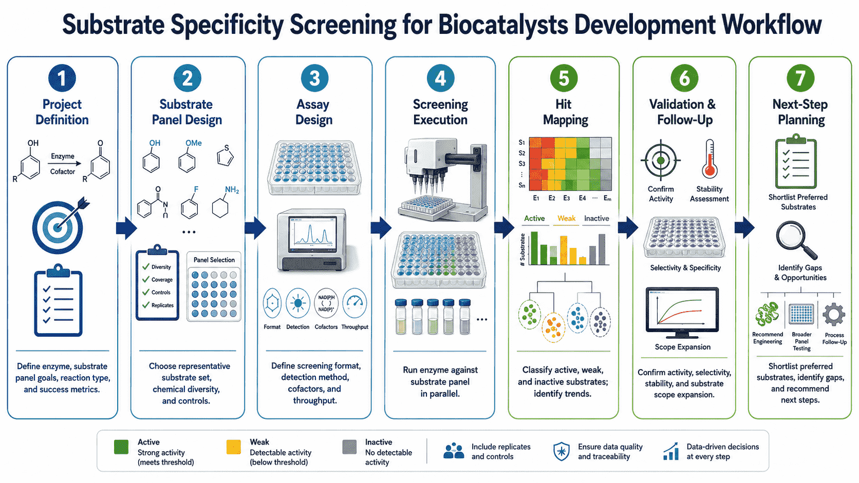Workflow for substrate specificity screening showing substrate panel design, reaction setup, analytical confirmation, specificity mapping, and next-step selection