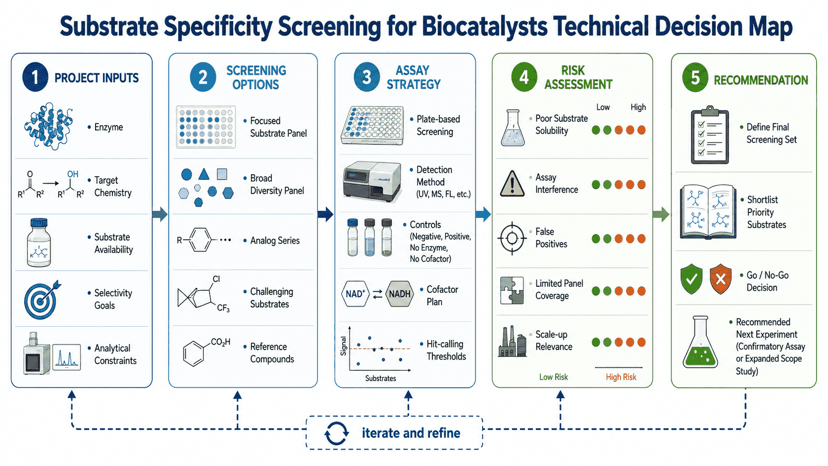 Decision map for interpreting substrate specificity screening data, including conversion, product identity, selectivity, substrate limitations, and follow-up development paths